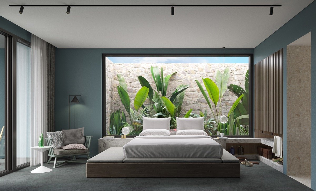 green and grey bedroom